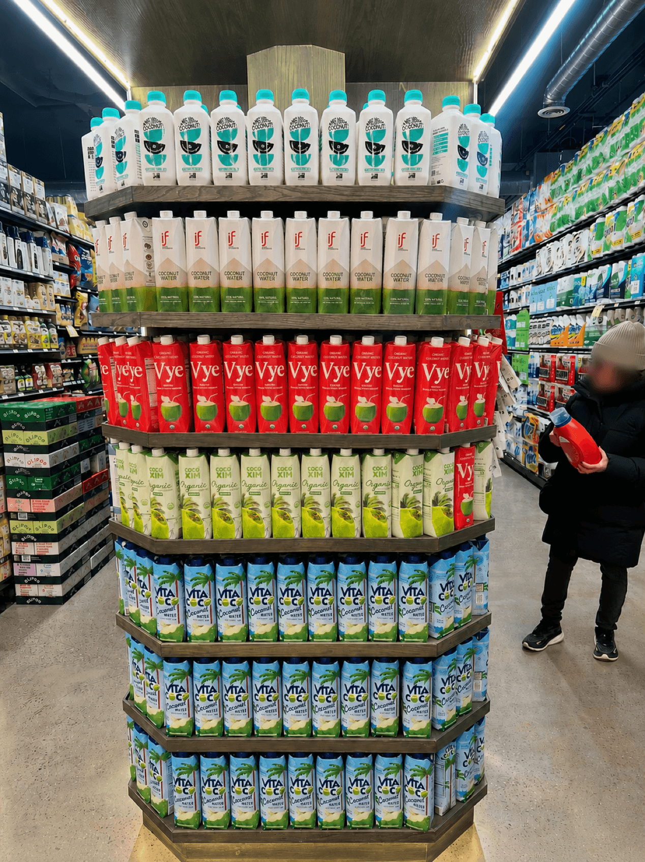 Coconut water retail endcap with Vye products